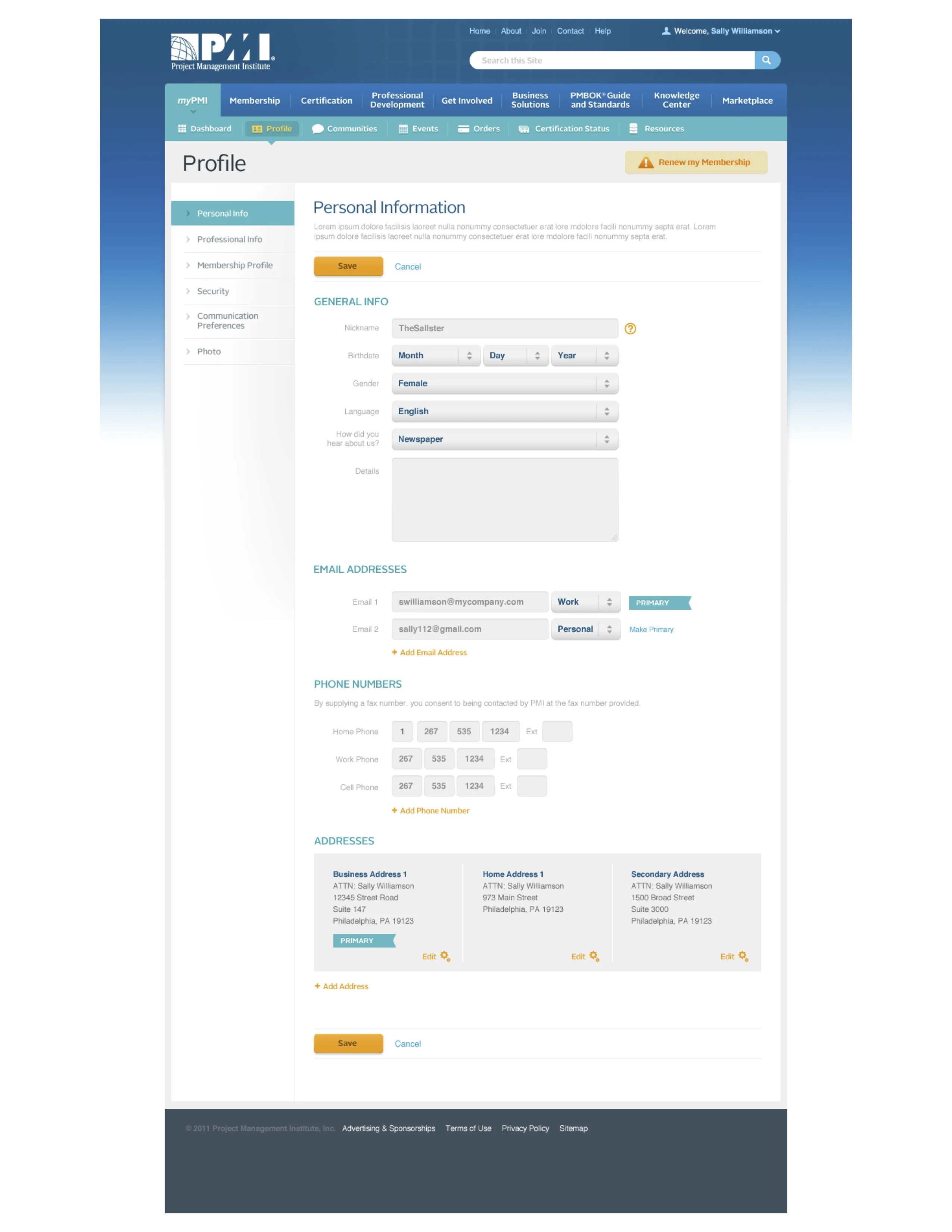 My PMI final design 2: profile and personal information