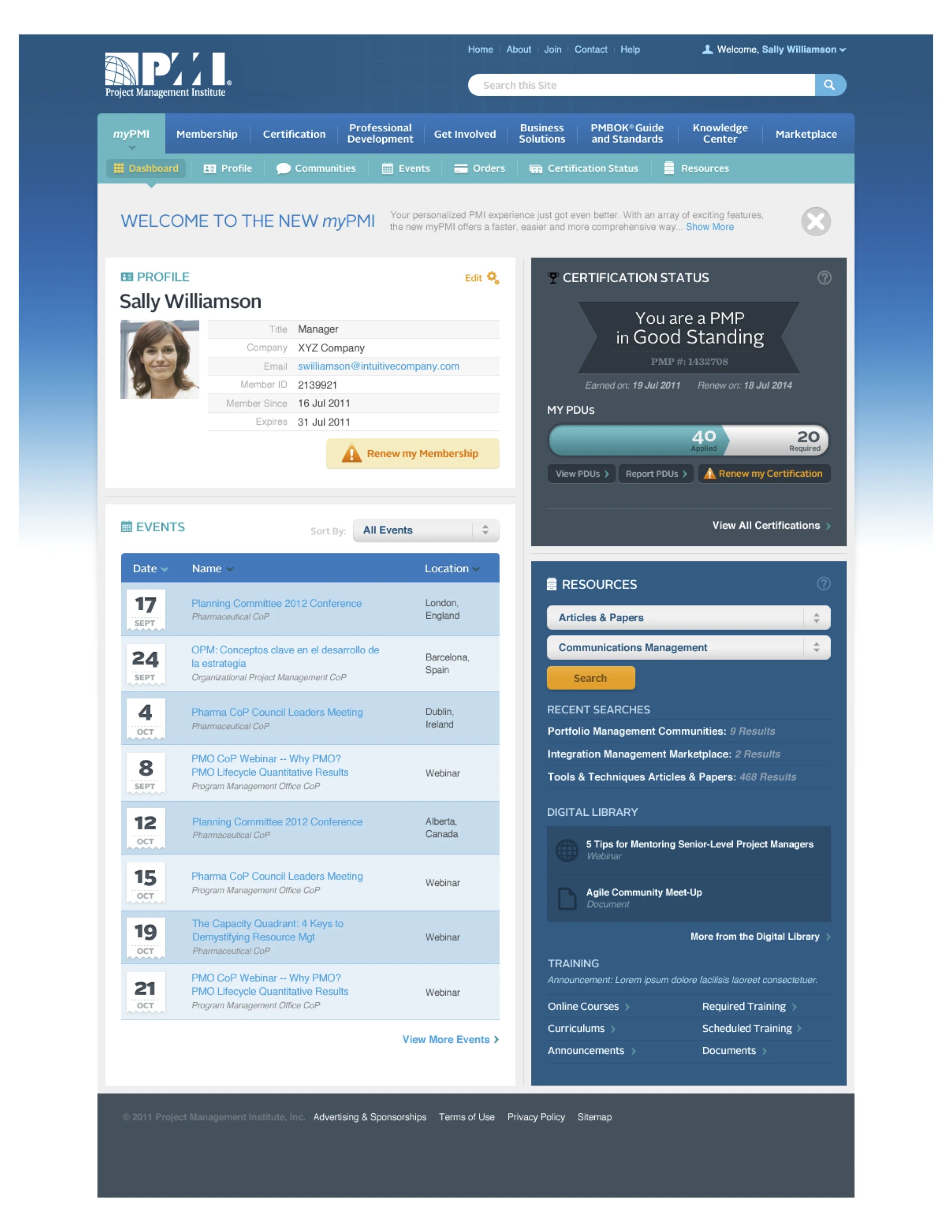 My PMI final design: member dashboard with certification status, PDUs, and credential badge
