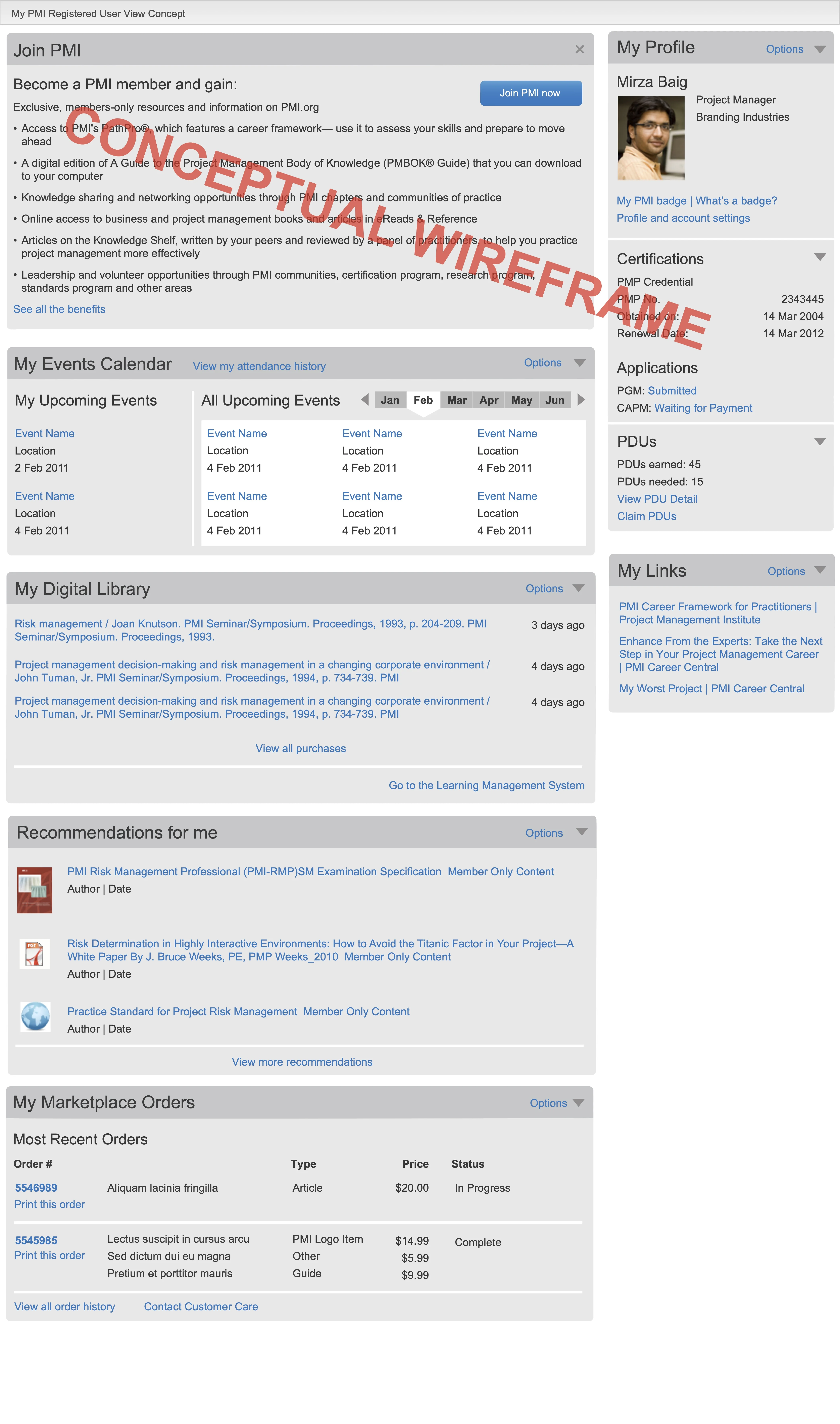 My PMI wireframe 2: member view concept