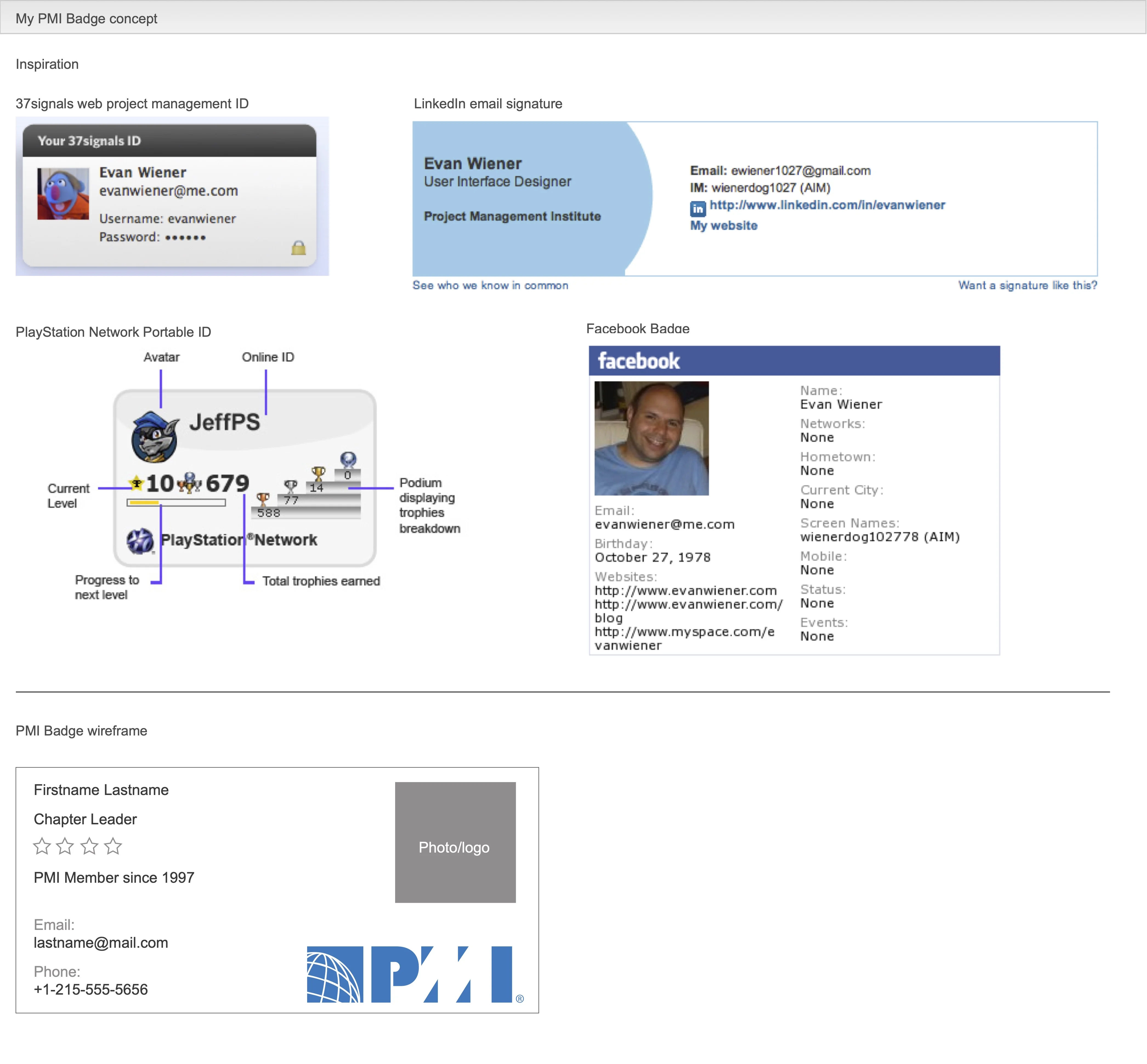My PMI wireframe 3: the badge concept, with PlayStation, LinkedIn, and Facebook inspiration